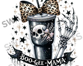 Aquarel Boo-Gee Mama-beker png, Halloween-schedel, Spooky Mama png, strik met luipaardprint, shirt Spooky Vibes, Halloween-png-ontwerp