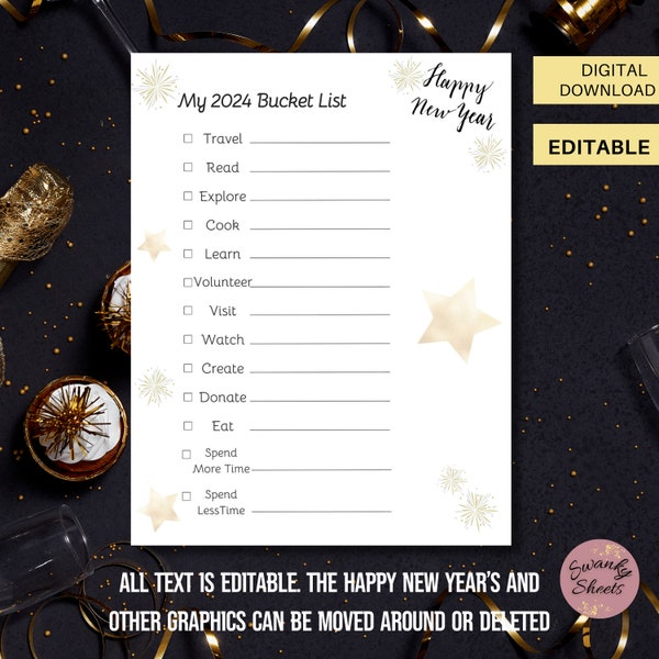 EDITABLE 2024 Bucket List Template, Printable Bucket List, New Year Resolutions, Travel Bucket List, New Years Goals, Fitness Goals