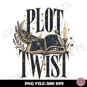 May include: A graphic design featuring the text PLOT TWIST in large dark blue letters. An open book with celestial star charts, a crescent moon, a moth, lavender sprigs, and a lit candle on a stand are arranged between the words. Stars and planets surround the central elements.