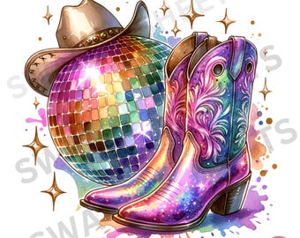 Glitter Disco Ball and Cowboy Boots PNG: Western Party (Digital Download)