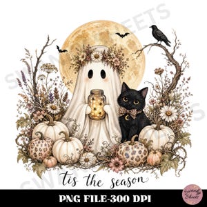 Tis the Season PNG, Boho Ghost PNG, Cute Halloween Ghost Graphic Sublimation Design, Coquette Ghost Black Trendy PNG