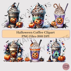 Bundle de cliparts café Halloween, citrouilles aquarelle boisson café chaud des cliparts, sorcière PNG, png de saison fantasmagorique, téléchargement immédiat, emballage de verre