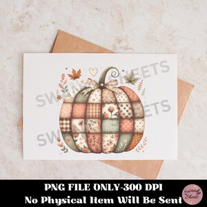 K&ouml;nnte beinhalten: Eine Gru&szlig;karte mit einem Aquarell-Patchwork-K&uuml;rbis-Design in Orange, Gr&uuml;n und Braun. Die Karte enth&auml;lt Herbstlaub-Akzente und den Text "PNG FILE ONLY-300 DPI No Physical Item Will Be Sent".