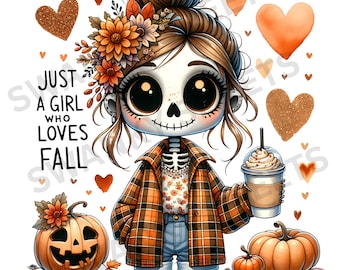 Cute Fall Skeleton Girl PNG, Cozy Autumn Clipart, Fall Vibes Design, Cute Skeleton with Latte, Sublimation Design, Pumpkin Spice Season