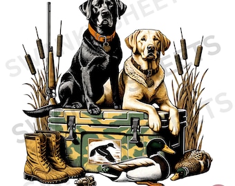 Nevera portátil para perro de caza (PNG), Labrador retriever negro con camuflaje de cazador (PNG), Diseño de sublimación para acampar al aire libre en verano, Mamá de perro labrador, Labrador amarillo (PNG)