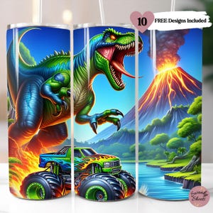 May include: A set of three 20 oz stainless steel tumblers with a dinosaur, monster truck, and volcano design. The tumblers are perfect for everyday use and can be personalized with your favorite design.