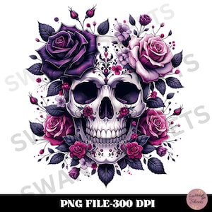 May include: A white sugar skull with intricate floral designs is surrounded by purple and pink roses, creating a vibrant and gothic aesthetic.