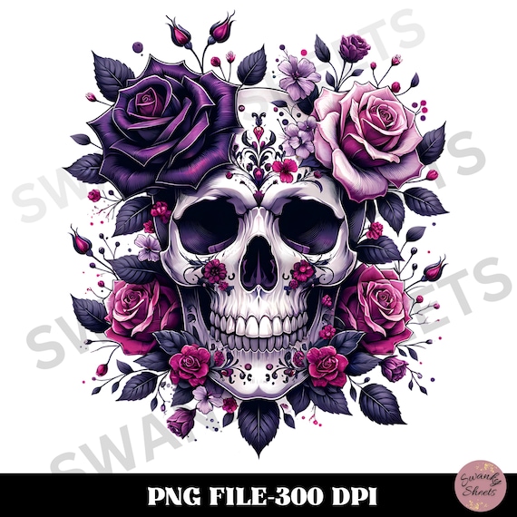Gothic Floral Skull PNG, Skull Sublimation Design, Purple Floral PNG, Skull T Shirt Design, Skull Clipart
