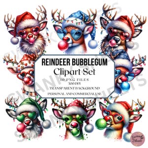Funny Reindeer Clipart Set, Watercolor Reindeer, Bubblegum Reindeer, Cute Reindeer Sublimation Designs, Christmas Clipart
