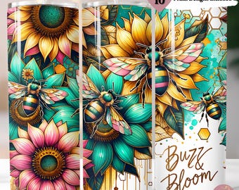 Sunflower Bee Tumbler Wrap: Floral Sublimation Design (PNG Digital Download)