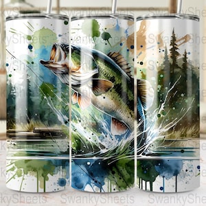 Vaso envolvente de acuarela para pesca, diseño de sublimación delgado sin costuras de 20 oz, pescador PNG, diseño de naturaleza con sublimación de acuarela imagen 4
