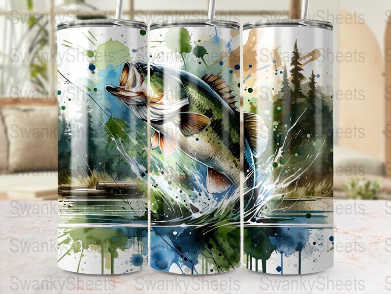 Vaso envolvente de acuarela para pesca, diseño de sublimación delgado sin costuras de 20 oz, pescador PNG, diseño de naturaleza con sublimación de acuarela imagen 4