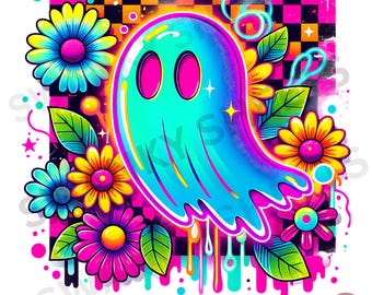 Neon Floral Ghost PNG: Retro Halloween Sublimation Design (Digital Download)