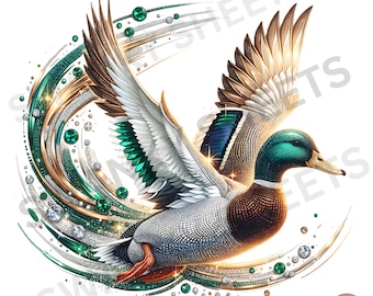 Anatra selvatica volante con strass finti in formato PNG, design digitale a sublimazione di anatra scintillante, cacciatore di anatre in formato PNG, design di ragazza di campagna