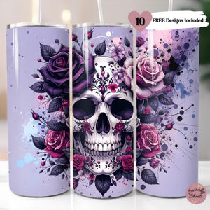 Gothic Rose Skull Seamless Tumbler Wrap, 20oz Skinny Tumbler Skull Sublimation Design, Purple Floral PNG, Purple Rose Sublimation