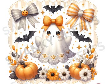Cute Ghost Coquette Bow PNG, Fall Halloween Sublimation Design, Girly Spooky Season Clipart, Halloween Ghost Shirt Design, Digital Download