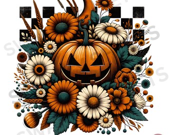 Retro bloemenpompoendambord PNG: Halloween-shirtontwerp (digitale download)