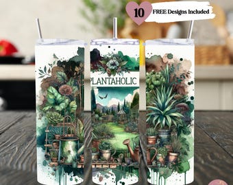 Plantaholic Watercolor Garden Scene 20oz Tumbler Wrap, Funny Floral Tumbler, Watercolor Plant Sublimation Design, Planter Lover