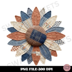 May include: A handcrafted, quilted sunflower with a brown center and alternating petals in shades of blue, cream, and rust. The petals are made from various patterned fabrics. The text "PNG FILE-300 DPI" is at the bottom.