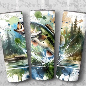 Vaso envolvente de acuarela para pesca, diseño de sublimación delgado sin costuras de 20 oz, pescador PNG, diseño de naturaleza con sublimación de acuarela imagen 6