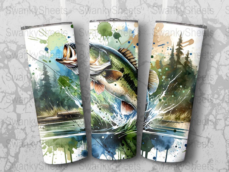 Vaso envolvente de acuarela para pesca, diseño de sublimación delgado sin costuras de 20 oz, pescador PNG, diseño de naturaleza con sublimación de acuarela imagen 6