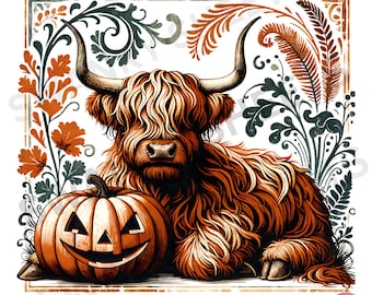Fall Highland Cow Pumpkin PNG: Autumn T-Shirt Design (Digital Download)