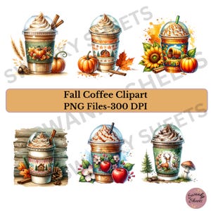 Fall Coffee Clipart Bundle, Pumpkins Watercolor Hot Coffee Drink Clipart, Coffee PNG, Pumpkin Spice Season png, Tumbler Wrap
