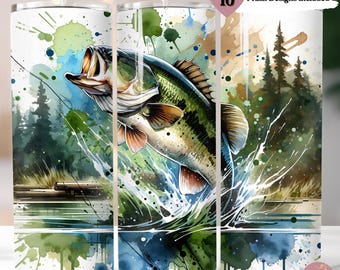 May include: A watercolor design of a bass jumping out of the water with a splash. The design is on a white tumbler with a green, blue, and white background. The tumbler is 20 ounces and has a straw.