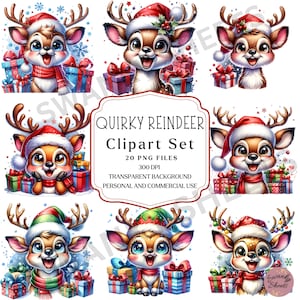 Watercolor Quirky Reindeer Clipart Set, Funny Reindeer PNG, Christmas Reindeer PNG, Junk Journal Design, Funny Christmas Sublimation Bundle
