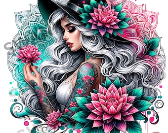 Hand-Drawn Tattoo-Style Woman Illustration, Silver Hair, Floral Zen Art, Neon Pink & Teal Flowers with Mandala Patterns, Boho Girl