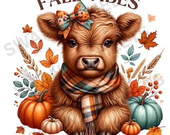 Baby Highland Cow Fall Vibes PNG, Autumn Sublimation Design, Cute Pumpkin & Leaves Clipart, Hello Fall, Pumpkin Sublimation