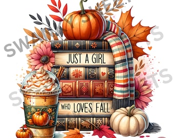 Watercolor Fall Books & Pumpkin Latte Clipart, Vintage Autumn Book Stack, Leaves, Scarves, Pumpkins, Cozy Fall PNG Design, Pumpkin Spice PNG