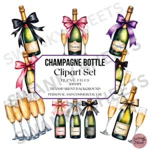 Watercolor Champagne Bottles Clipart, Champagne and Bows, Social Club Design, Wedding PNG, Sublimation Design, Grandmillennial PNG