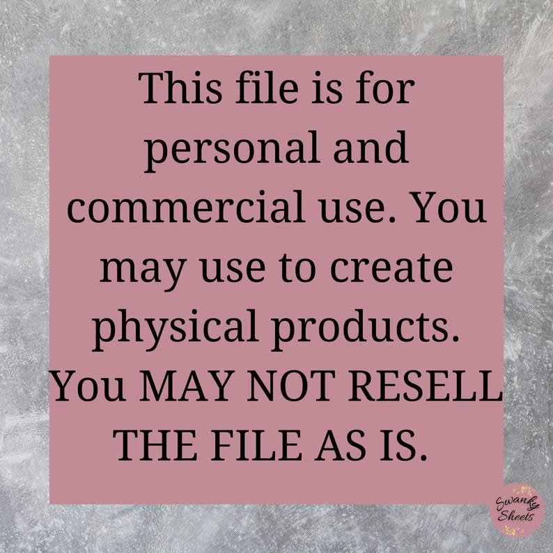 Pu&ograve; includere: Sfondo rosa con testo bianco che recita: "Questo file &egrave; per uso personale e commerciale. Puoi usarlo per creare prodotti fisici. NON PUOI RIVENDERE IL FILE COS&Igrave; COM'&Egrave;." Il testo "Swanky Sheets" &egrave; in un carattere pi&ugrave; piccolo nell'angolo in basso a destra dell'immagine.