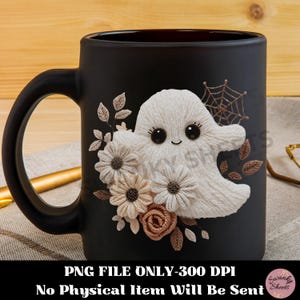 K&ouml;nnte beinhalten: Schwarze Keramik-Tasse mit einem wei&szlig;en Geister-Design, Blumen und einem Spinnennetz. Der Geist hat ein l&auml;chelndes Gesicht. Die Tasse hat einen gebogenen Henkel. Text unten: "PNG FILE ONLY-300 DPI" und "No Physical Item Will Be Sent".