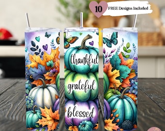 Thankful Grateful Blessed Seamless Tumbler Wrap, 20 oz Skinny Tumbler Sublimation Design, Pumpkins PNG, Thanksgiving Tumbler, Pastel Fall