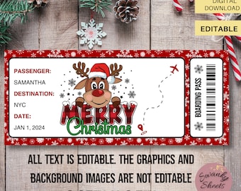 Frohe Weihnachten Bordkarte, EDITIERBARE Flugkarte, Urlaub druckbar, Weihnachtsreisegeschenk, Überraschungsreise, Benutzerdefinierte Bordkarte