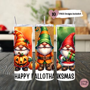 Happy Hallothanksmas Seamless 20oz Skinny Tumbler Halloween PNG, Sublimation Design, Christmas png, Thanksgiving PNG, Funny Holiday Design