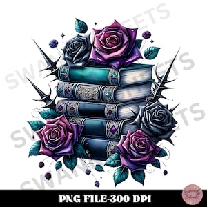 May include: A stack of books with ornate covers, surrounded by dark roses in shades of purple and gray, with green leaves and black thorns. The image includes the text "PNG FILE-300 DPI".