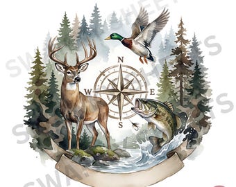 Camiseta con diseño de sublimación de ciervo, pato y pesca, camuflaje de pescador, ánade real, descarga digital