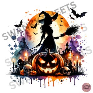 May include: A watercolour painting of a witch with a broom, a jack-o'-lantern, and candles. The witch is silhouetted against a full moon with a watercolour background.