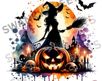 Hexe Silhouette Halloween PNG | Gruselige Schädel, Fledermäuse & Kürbisse Clipart | Halloween Digitaler Download, Gruselige Jahreszeit PNG