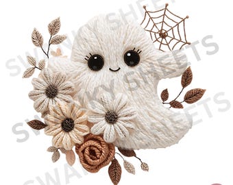 Sztuczna przędza z kwiatowym duchem PNG, Halloween PNG z kwiatowym wzorem sublimacji Boho, Koszulka z jesiennym duchem z kwiatowym motywem Halloween do pobrania w wersji cyfrowej