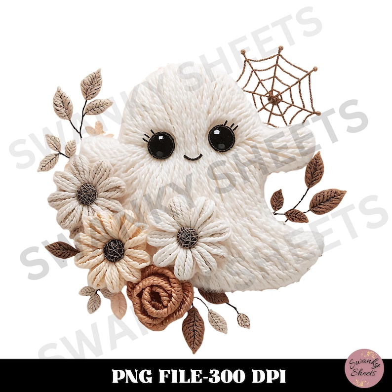High-resolution PNG featuring a faux yarn embroidery design of a cute ghost with stitched eyes, surrounded by romantic fall florals, lace-like spiderwebs, and subtle sparkles. The ghost is made of soft white and cream yarn with realistic stitch texture. Flowers in beige, taupe, and mocha add a dreamy coquette-cottagecore aesthetic. Clean white background, handcrafted detail, and cozy embroidered texture perfect for fall, Halloween, or cottagecore-themed sublimation projects.
