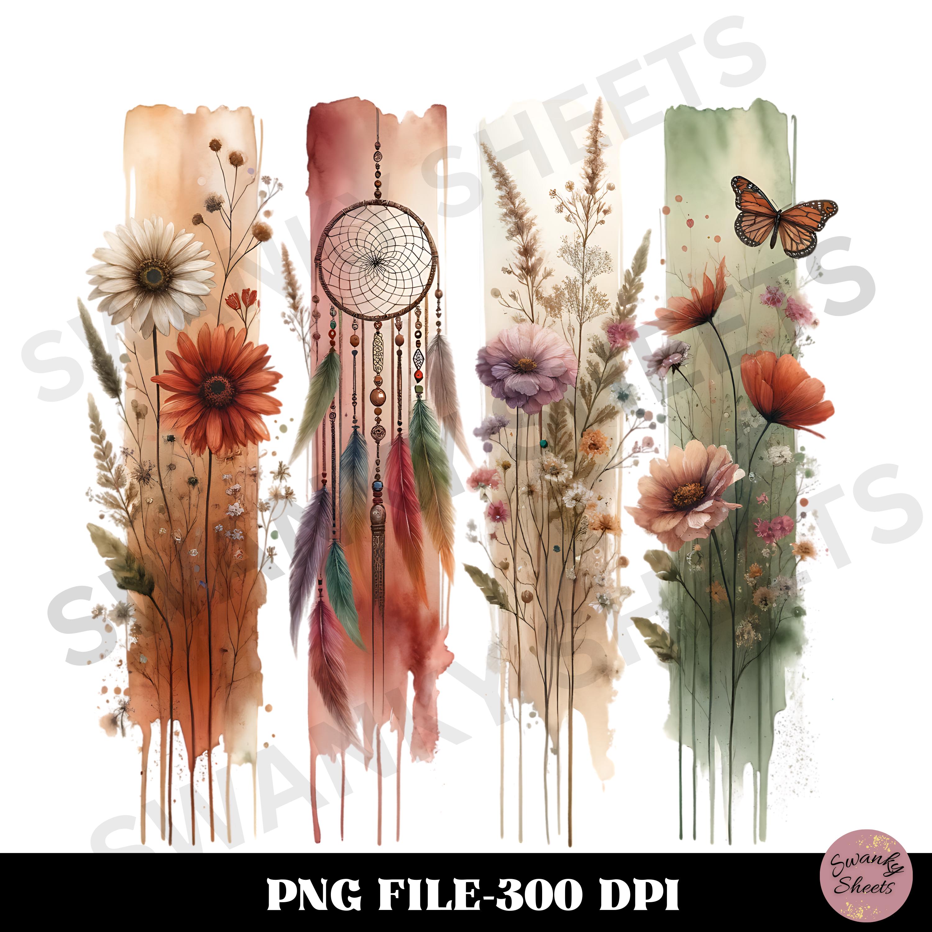 Boho Wildflowers Brushstroke PNG Design, Boho Feathers Flowers PNG, Dreamcatcher Sublimation Design, Butterfly Floral Shirt PNG
