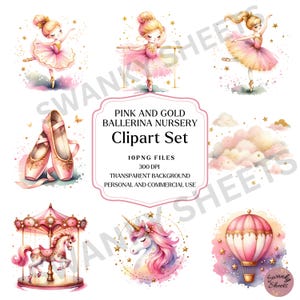 Watercolor Pink Ballerina Clipart, Whimsical Ballerina Carousel Magical Graphic, Vintage Carousel Pony, Nursery PNG, Baby shower Clipart