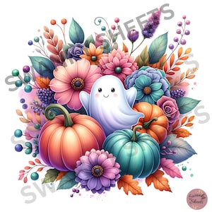 May include: A cute white ghost with a friendly face surrounded by colorful fall flowers, pumpkins, and leaves. The pumpkins are orange, teal, and a deep orange.