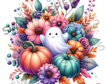 Fantasma otoñal pastel con calabazas y flores PNG / Lindo clipart de otoño / Elementos de cosecha pastel / Arte fantasma de Halloween, Halloween pastel