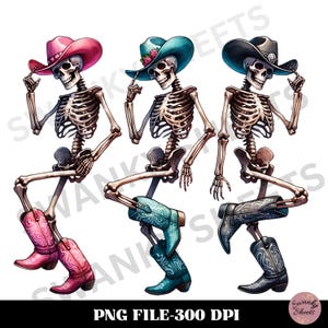 May include: Three skeleton figures wearing cowboy hats and boots. The skeletons are wearing pink, blue, and black hats. The boots are pink, blue, and black. The skeletons are in a dancing pose.