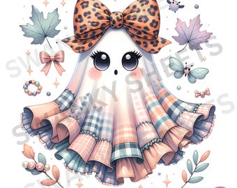 Preppy Leopard Ghost PNG: Spooky Coquette Halloween Design (Digital Download